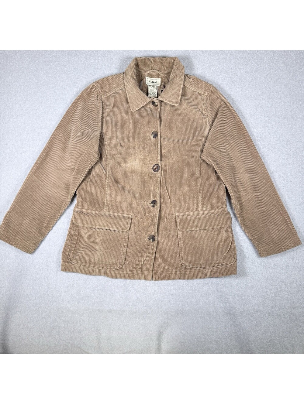 LL Bean Jacket Womens Sz Medium Petite Light Brown Canvas Barn Coat Corduroy